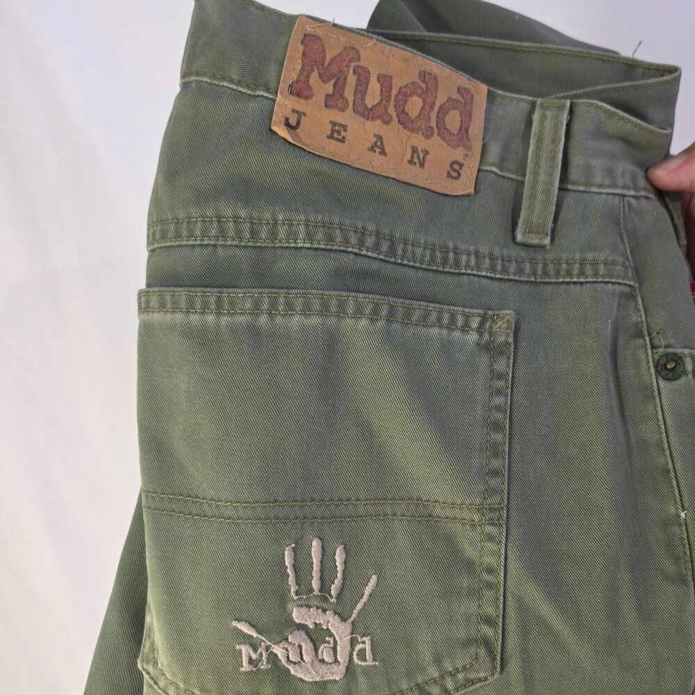 Vintage 90s Mudd Jeans Olive Green Flare Low Rise Handprint Twill Pants 11 Y2K